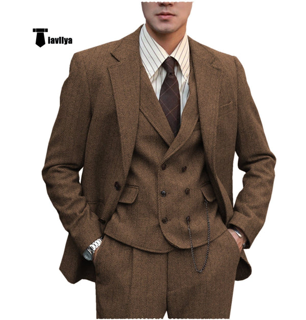 Tiavllya Tiavllya Fashion Men's 3 Piece Suit Herringbone Tweed Notch Lapel Tuxedos (Blazer+vest+Pants)