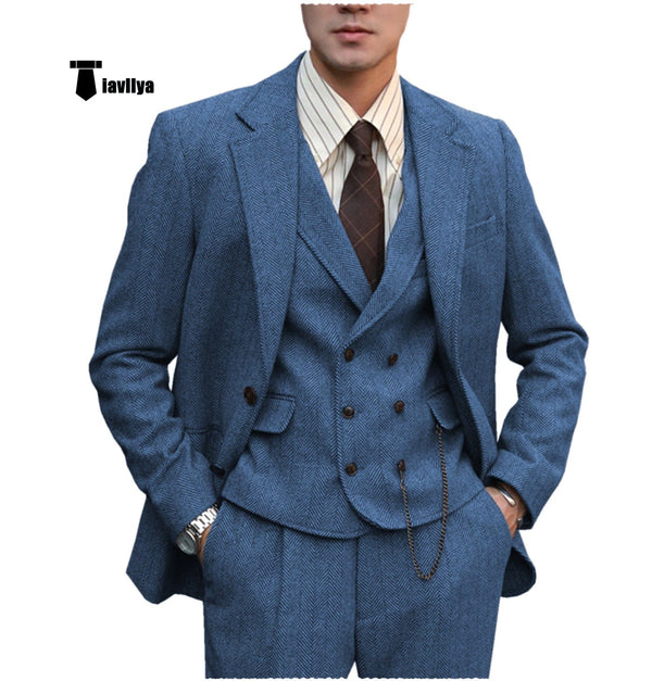 Tiavllya Tiavllya Fashion Men's 3 Piece Suit Herringbone Tweed Notch Lapel Tuxedos (Blazer+vest+Pants)