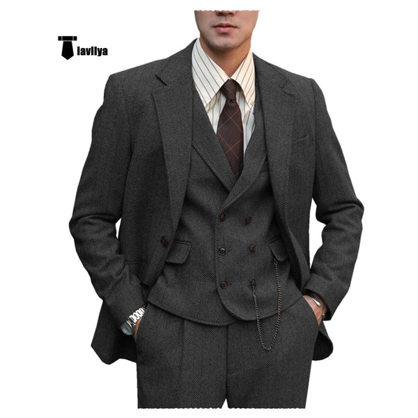 Tiavllya Tiavllya Fashion Men's 3 Piece Suit Herringbone Tweed Notch Lapel Tuxedos (Blazer+vest+Pants)