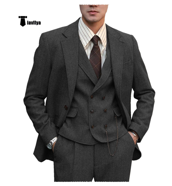 Tiavllya Tiavllya Fashion Men's 3 Piece Suit Herringbone Tweed Notch Lapel Tuxedos (Blazer+vest+Pants)