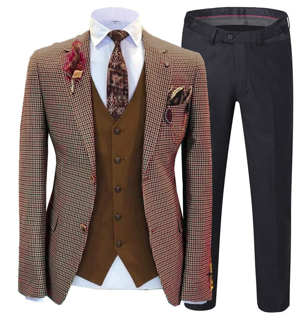 Tiavllya Tiavllya Fashion Men's 3 Pieces Houndstooth Notch Lapel Tuxedos (Blazer+vest+Pants)