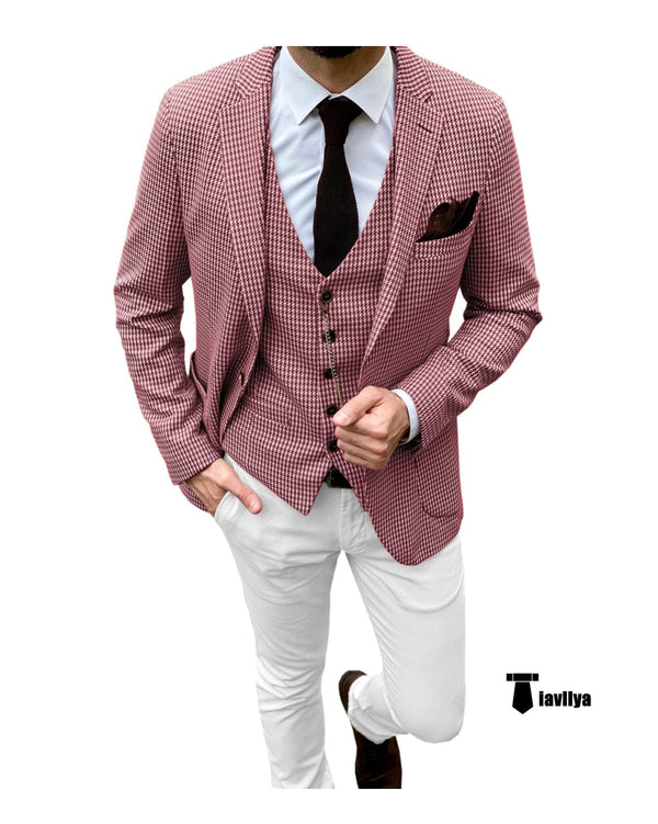 Tiavllya Tiavllya Fashion Men's 3 Pieces Houndstooth Notch Lapel Tuxedos (Blazer+vest+Pants)