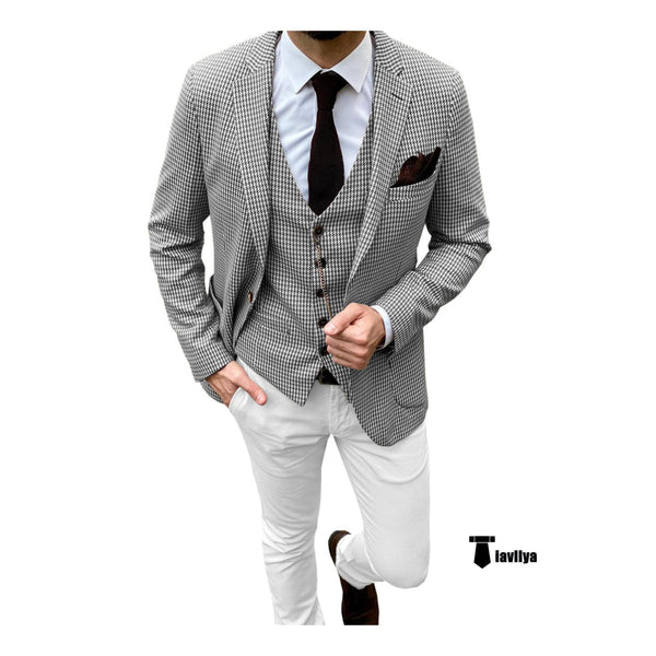Tiavllya Tiavllya Fashion Men's 3 Pieces Houndstooth Notch Lapel Tuxedos (Blazer+vest+Pants)