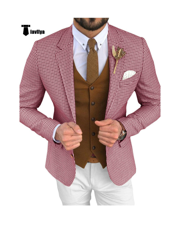 Tiavllya Tiavllya Fashion Men's 3 Pieces Houndstooth Notch Lapel Tuxedos (Blazer+vest+Pants)