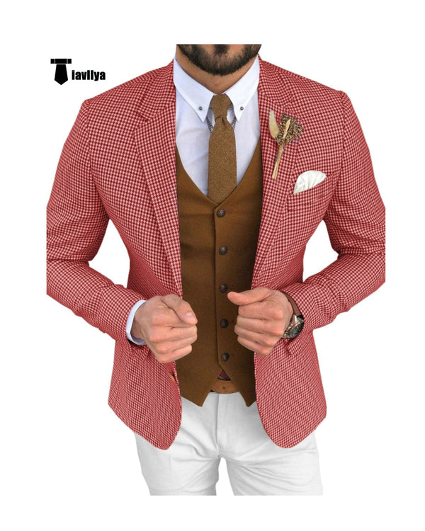 Tiavllya Tiavllya Fashion Men's 3 Pieces Houndstooth Notch Lapel Tuxedos (Blazer+vest+Pants)