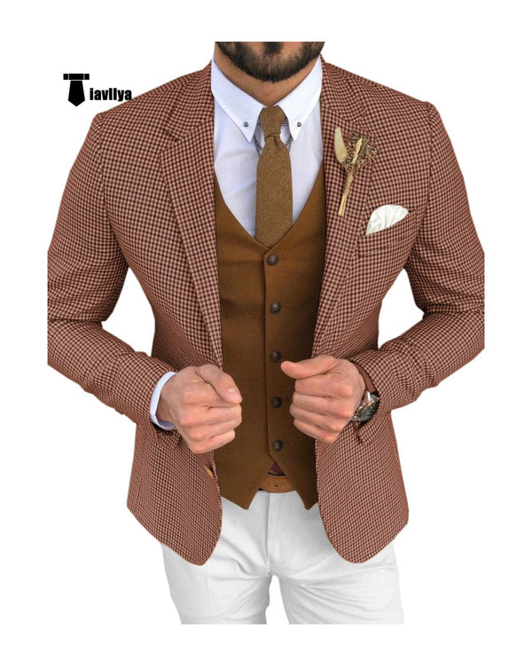 Tiavllya Tiavllya Fashion Men's 3 Pieces Houndstooth Notch Lapel Tuxedos (Blazer+vest+Pants)