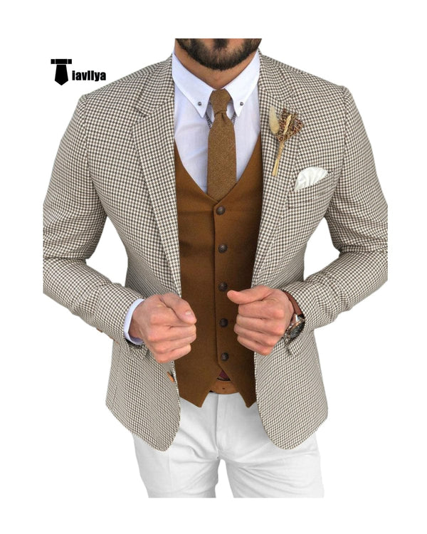 Tiavllya Tiavllya Fashion Men's 3 Pieces Houndstooth Notch Lapel Tuxedos (Blazer+vest+Pants)