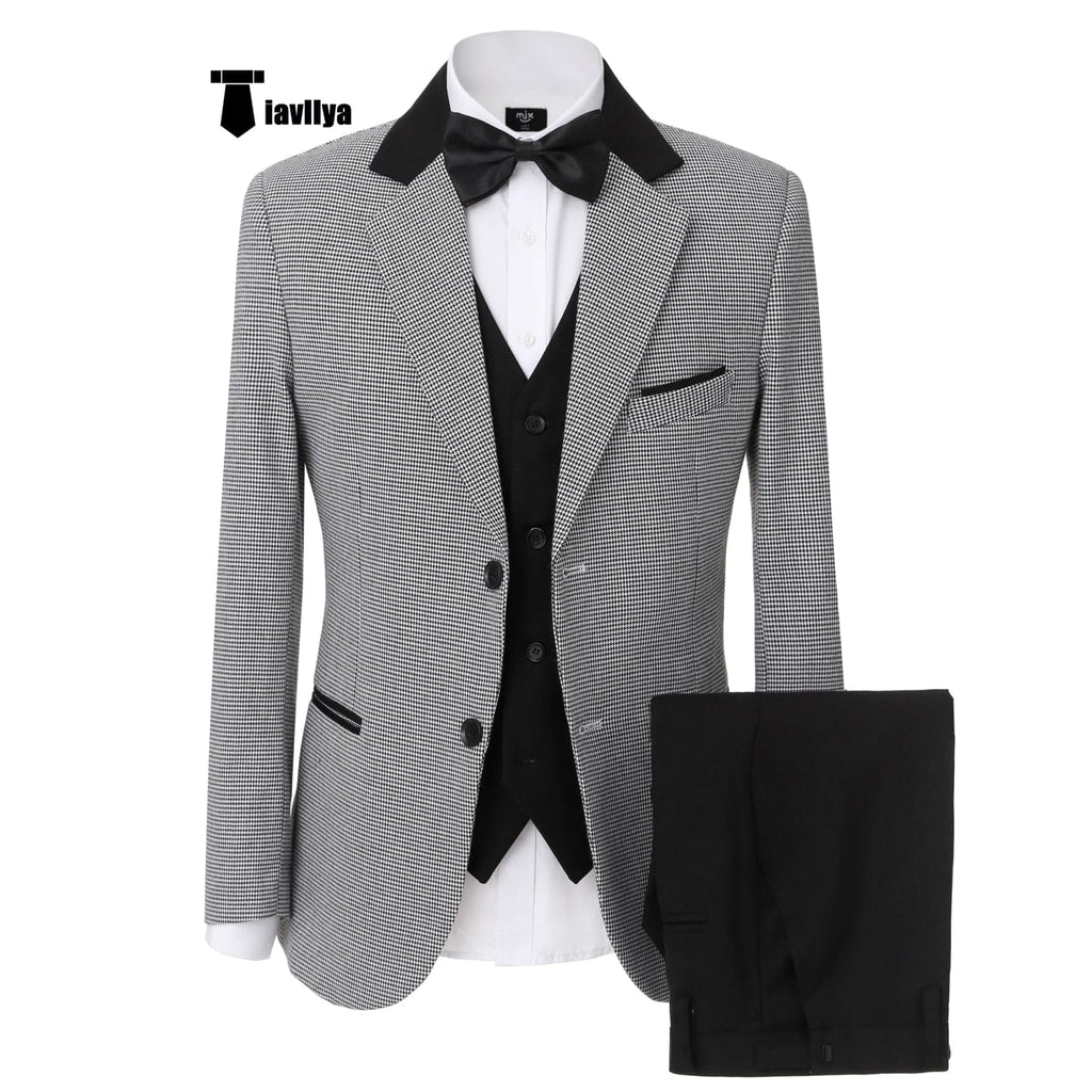 Tiavllya Tiavllya Fashion Men's 3 Pieces Houndstooth Notch Lapel Tuxedos (Blazer+vest+Pants)