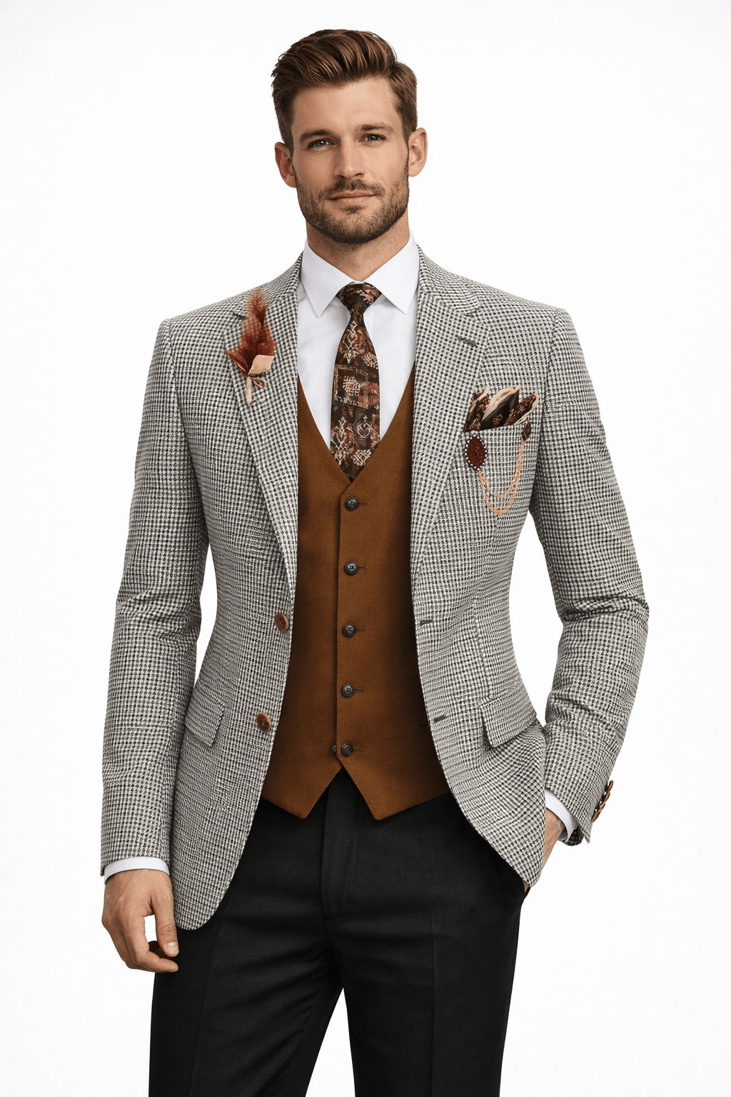 Tiavllya Tiavllya Fashion Men's 3 Pieces Houndstooth Notch Lapel Tuxedos (Blazer+vest+Pants)