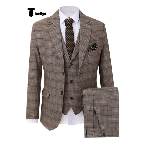Tiavllya Tiavllya Fashion Men's 3 Pieces Tweed Plaid Notch Lapel Suit (Blazer+vest+Pants)