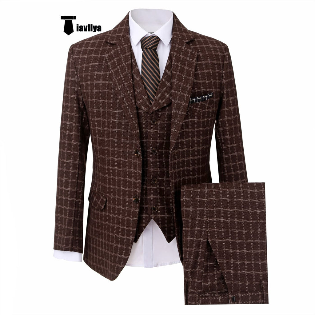 Tiavllya Tiavllya Fashion Men's 3 Pieces Tweed Plaid Notch Lapel Suit (Blazer+vest+Pants)