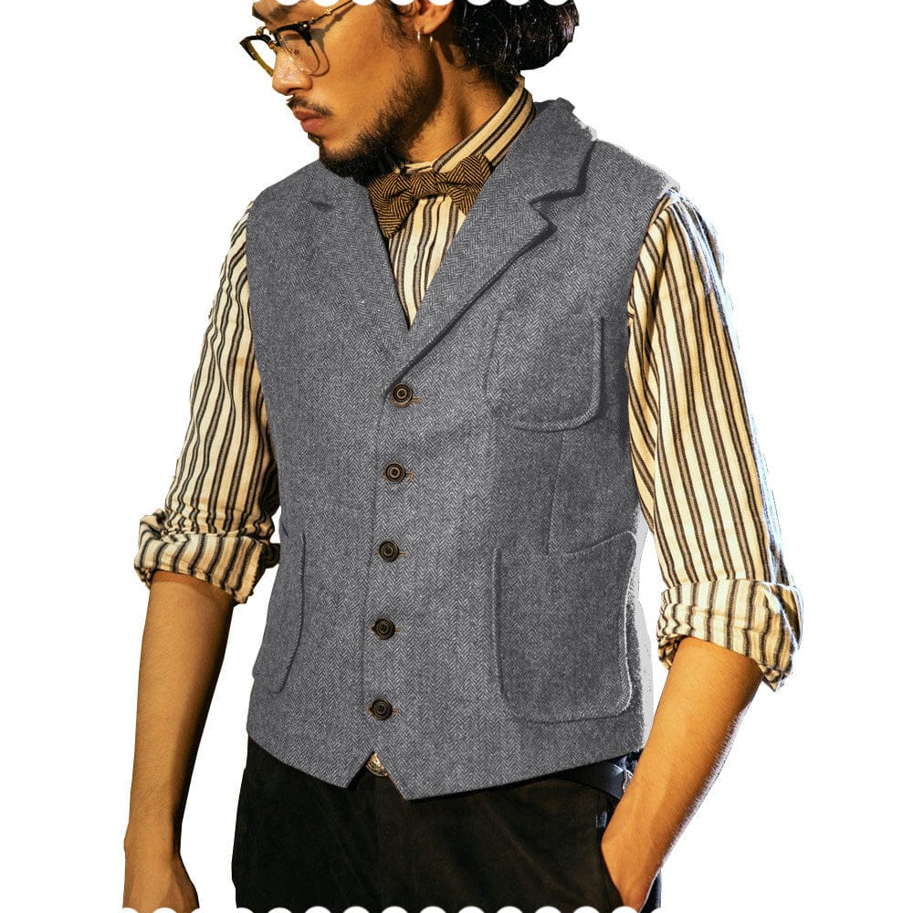 Tiavllya Tiavllya Fashion Men's Classic Tweed Herringbone Notch Lapel Waistcoat
