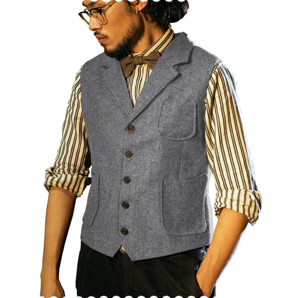 Tiavllya Tiavllya Fashion Men's Classic Tweed Herringbone Notch Lapel Waistcoat