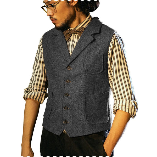 Tiavllya Tiavllya Fashion Men's Classic Tweed Herringbone Notch Lapel Waistcoat