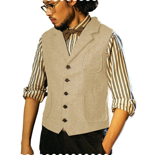 Tiavllya Tiavllya Fashion Men's Classic Tweed Herringbone Notch Lapel Waistcoat