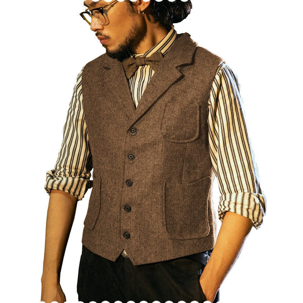 Tiavllya Tiavllya Fashion Men's Classic Tweed Herringbone Notch Lapel Waistcoat