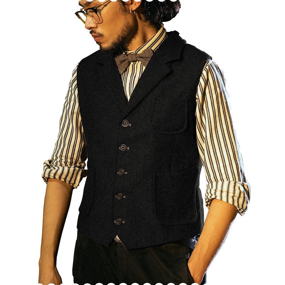 Tiavllya Tiavllya Fashion Men's Classic Tweed Herringbone Notch Lapel Waistcoat