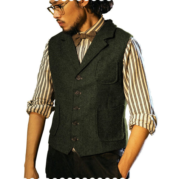 Tiavllya Tiavllya Fashion Men's Classic Tweed Herringbone Notch Lapel Waistcoat