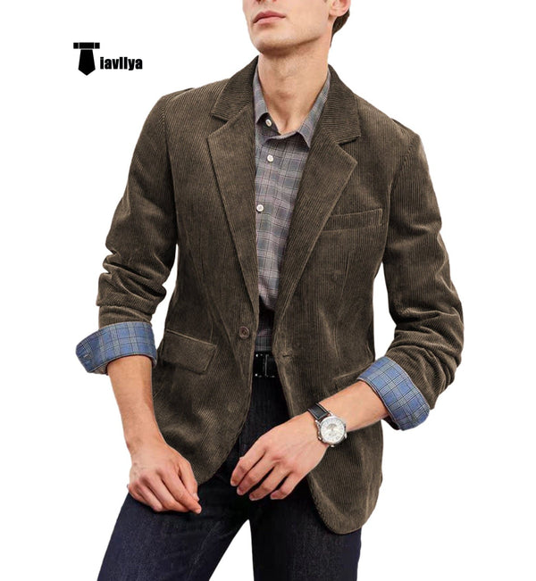 Tiavllya Tiavllya Fashion Men's Corduroy Suit Retro Slim Fit Notch Lapel Sports Jacket