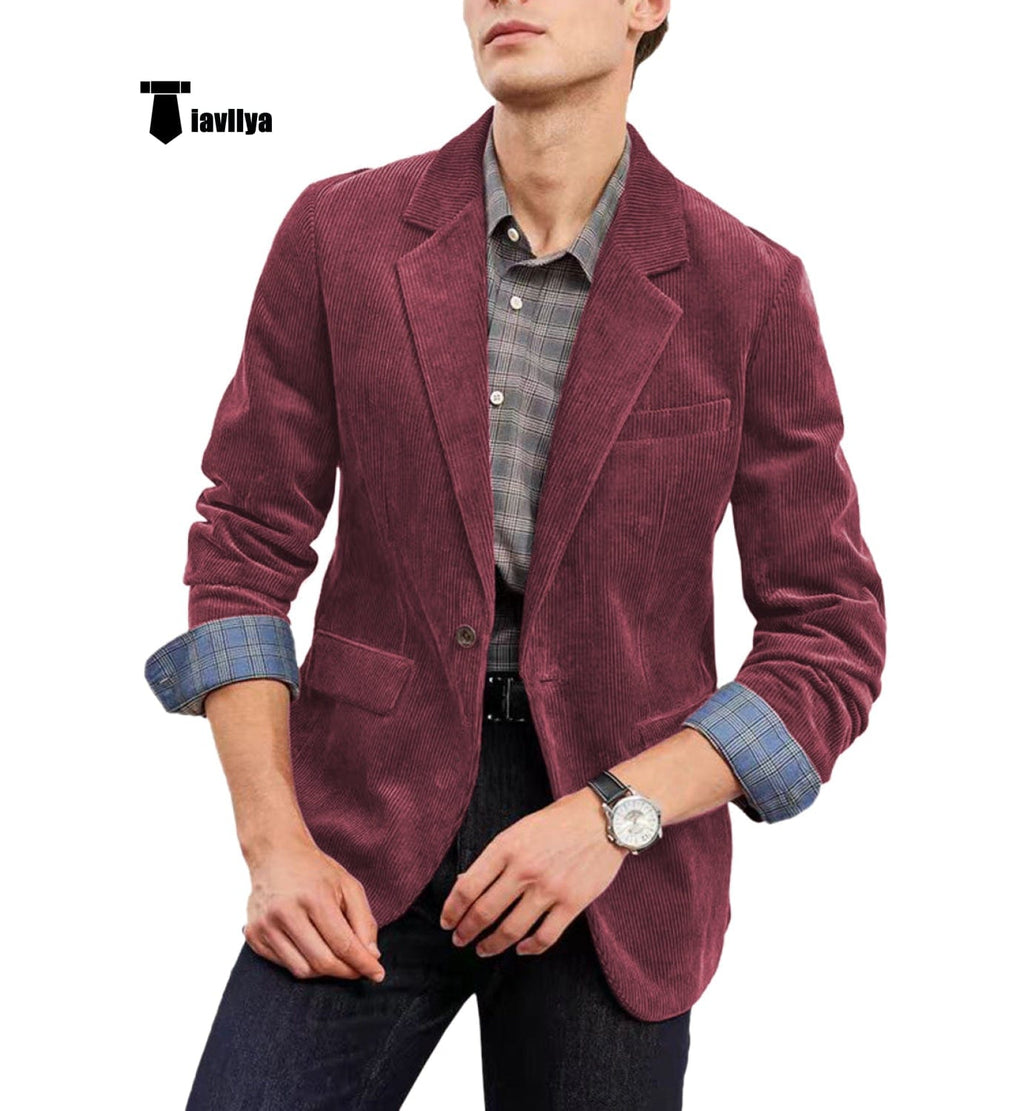 Tiavllya Tiavllya Fashion Men's Corduroy Suit Retro Slim Fit Notch Lapel Sports Jacket