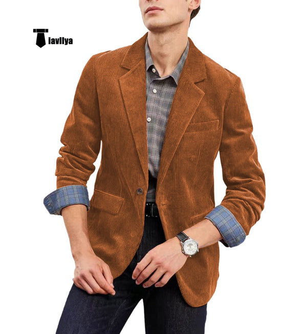 Tiavllya Tiavllya Fashion Men's Corduroy Suit Retro Slim Fit Notch Lapel Sports Jacket