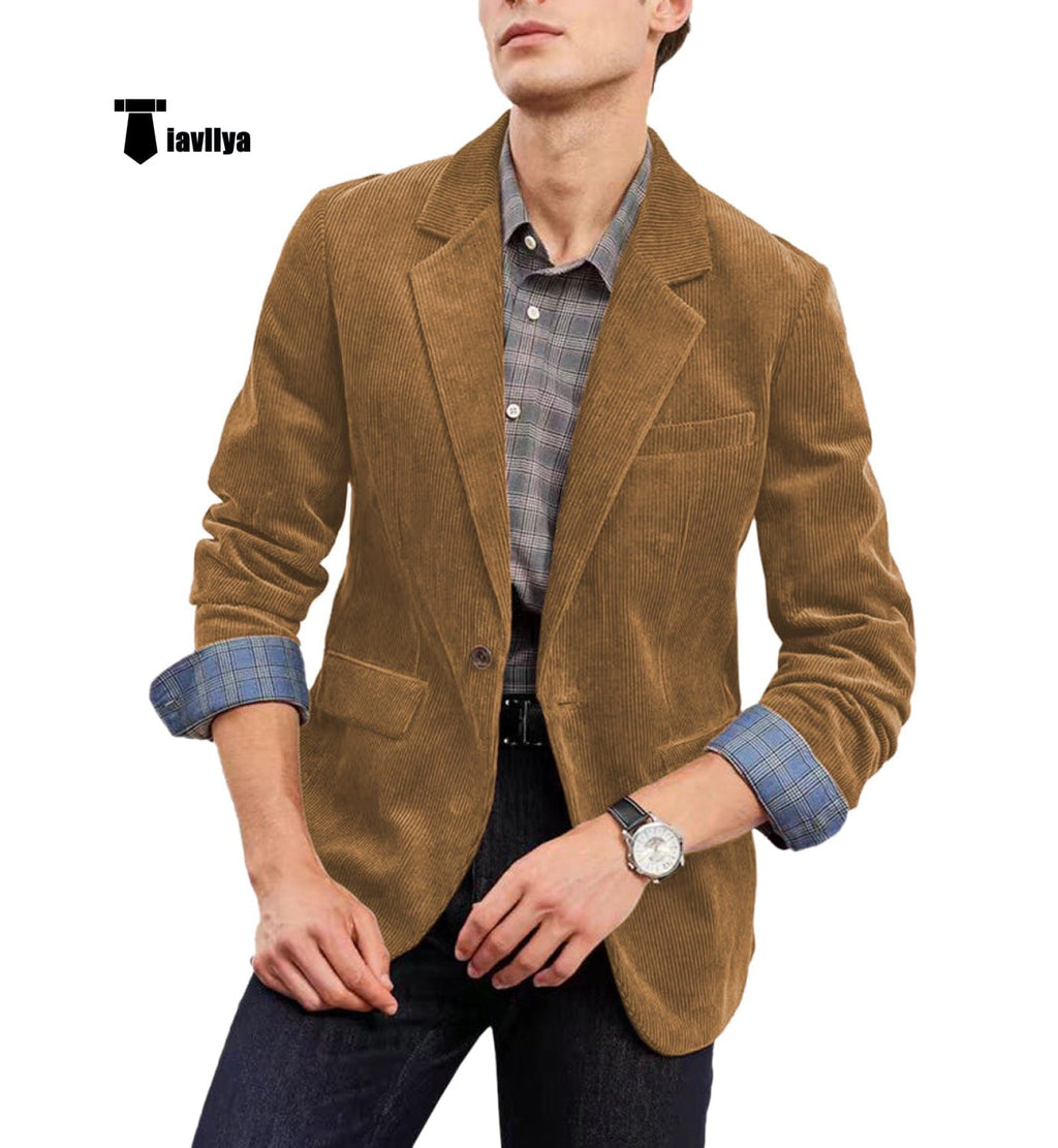 Tiavllya Tiavllya Fashion Men's Corduroy Suit Retro Slim Fit Notch Lapel Sports Jacket