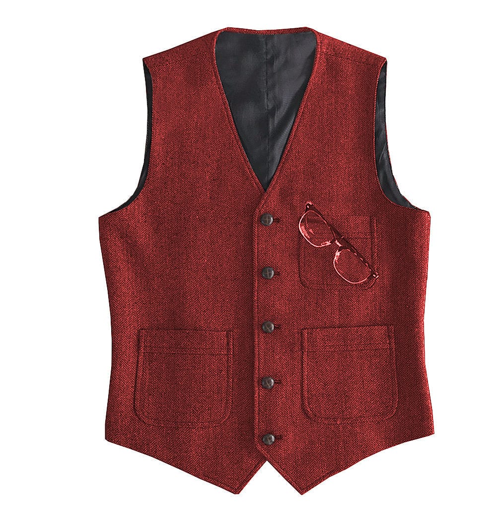 Tiavllya Tiavllya Fashion Men's Slim Fit Tweed Herringbone V Neck Waistcoat