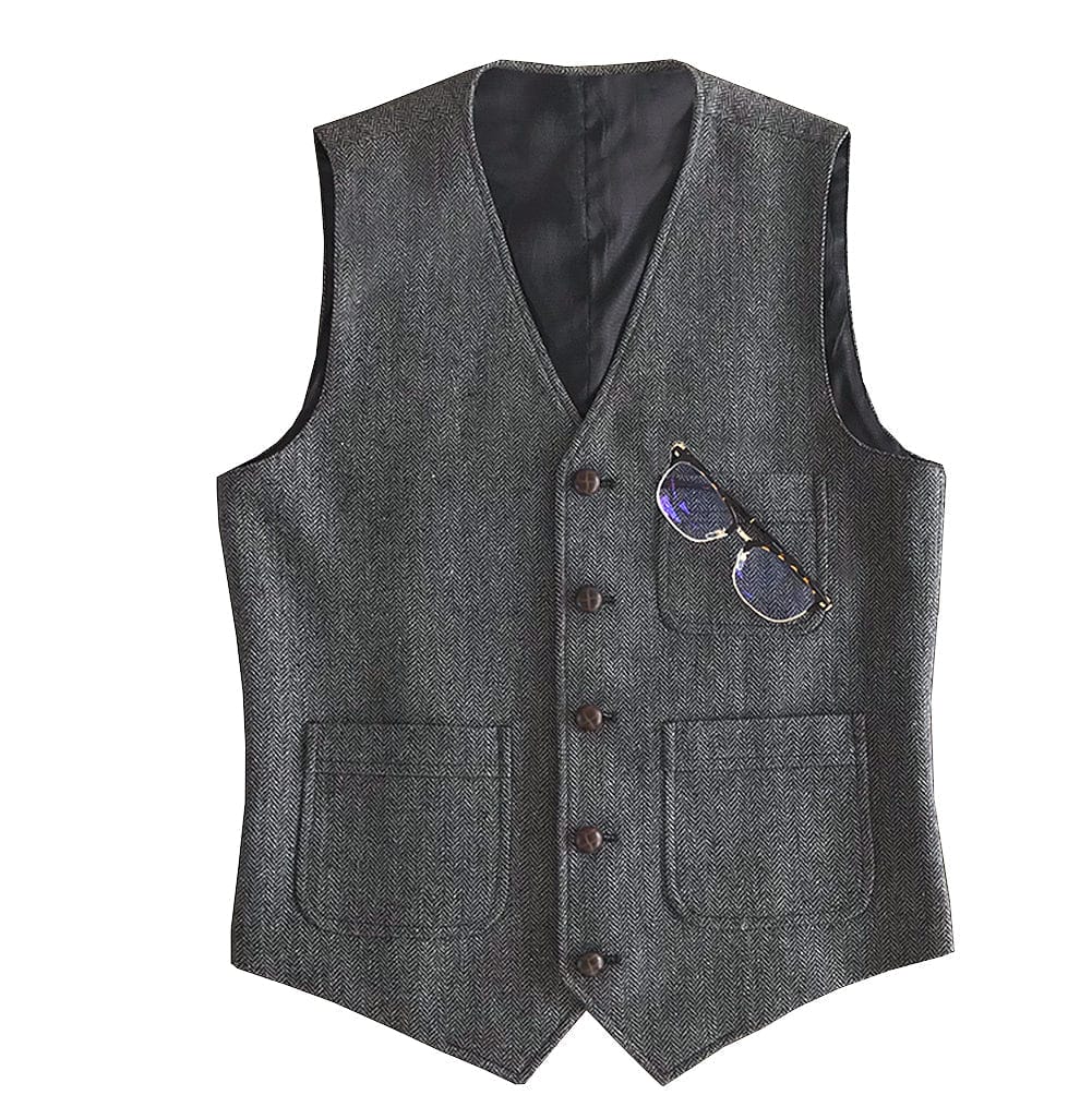 Tiavllya Tiavllya Fashion Men's Slim Fit Tweed Herringbone V Neck Waistcoat