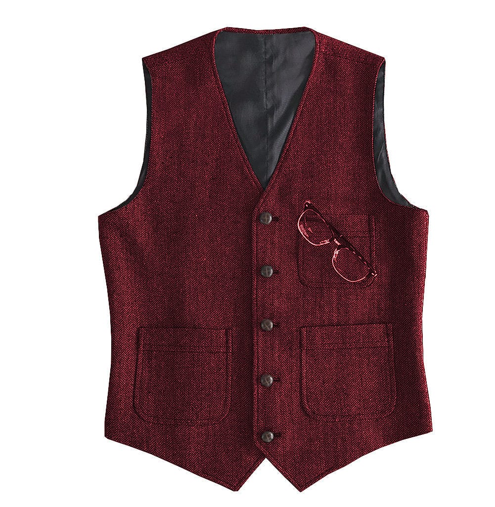 Tiavllya Tiavllya Fashion Men's Slim Fit Tweed Herringbone V Neck Waistcoat