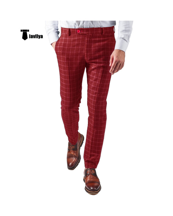 Tiavllya Tiavllya Fashion Men's Suit Pants Plaid Regular Fit Trousers