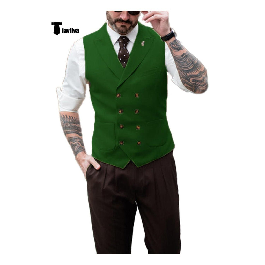 Tiavllya Fashion Men's Suit Vest Regular Fit Peak Lapel Waistcoat Wedding Army Green / S Tiavllya Fashion Men's Suit Vest Regular Fit Peak Lapel Waistcoat Wedding Army Green / S