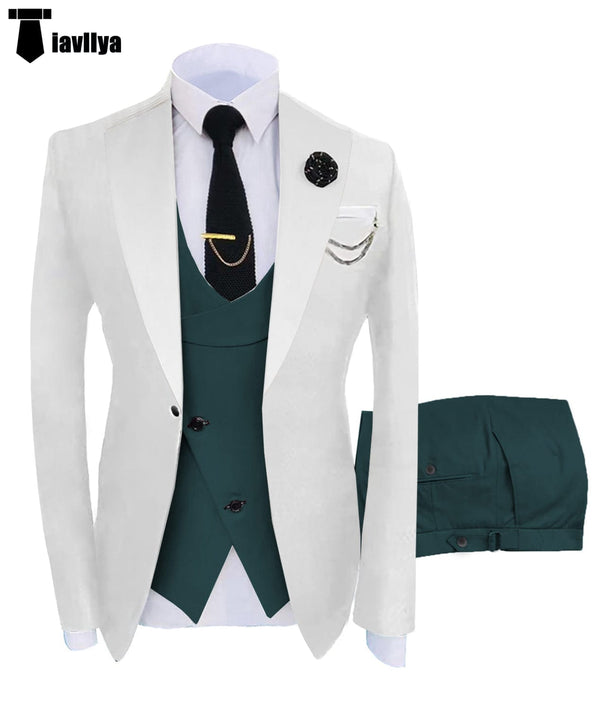 Tiavllya Tiavllya Fashion Men's Suits Slim Fit 3 Pieces Notch Lapel Tuxedos (White Blazer+Vest+ Pant)