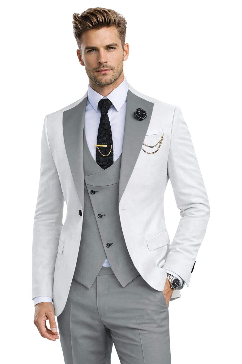 Tiavllya Tiavllya Fashion Men's Suits Slim Fit 3 Pieces Notch Lapel Tuxedos (White Blazer+Vest+ Pant)