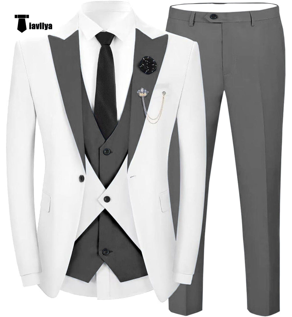 Tiavllya Tiavllya Fashion Men's Suits Slim Fit 3 Pieces Peak Lapel Tuxedos (White Blazer+Vest+ Pant)