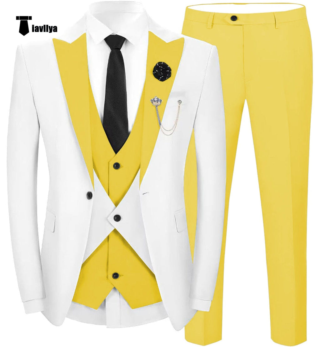 Tiavllya Tiavllya Fashion Men's Suits Slim Fit 3 Pieces Peak Lapel Tuxedos (White Blazer+Vest+ Pant)