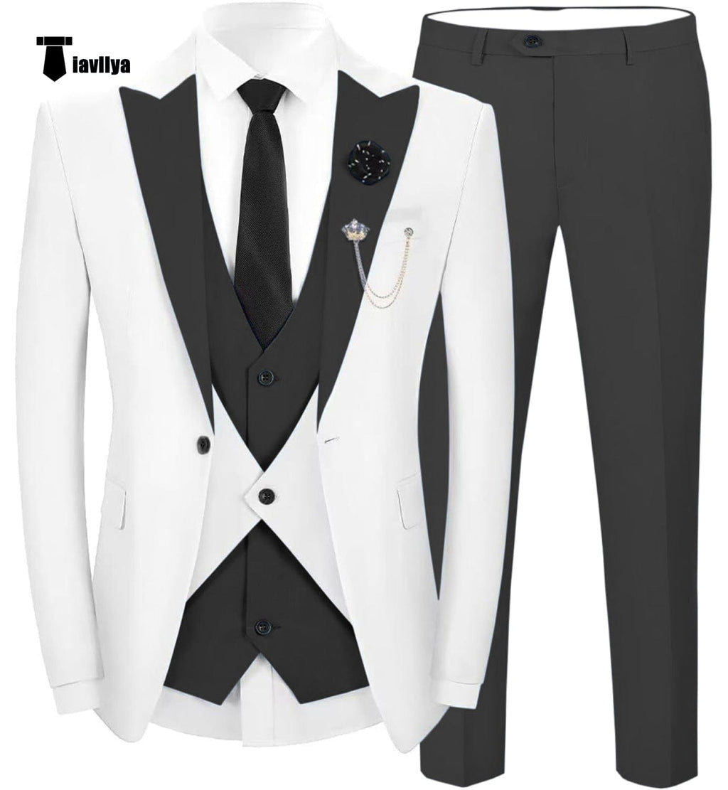 Tiavllya Tiavllya Fashion Men's Suits Slim Fit 3 Pieces Peak Lapel Tuxedos (White Blazer+Vest+ Pant)