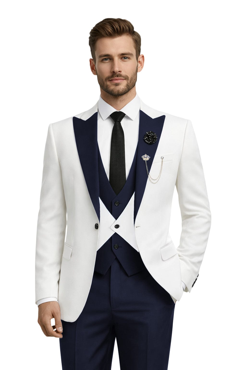 Tiavllya Tiavllya Fashion Men's Suits Slim Fit 3 Pieces Peak Lapel Tuxedos (White Blazer+Vest+ Pant)