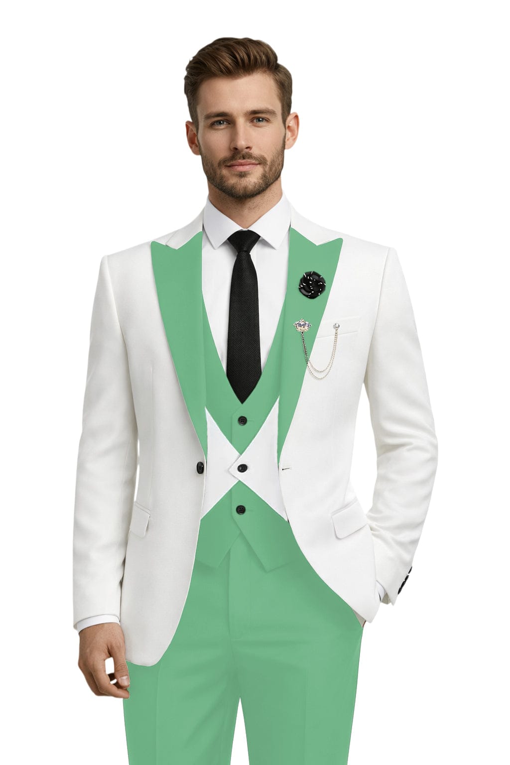 Tiavllya Tiavllya Fashion Men's Suits Slim Fit 3 Pieces Peak Lapel Tuxedos (White Blazer+Vest+ Pant)