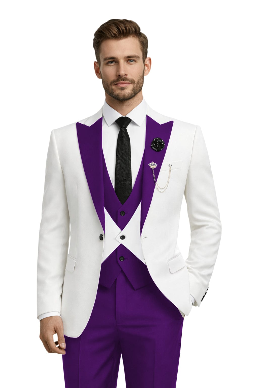 Tiavllya Tiavllya Fashion Men's Suits Slim Fit 3 Pieces Peak Lapel Tuxedos (White Blazer+Vest+ Pant)