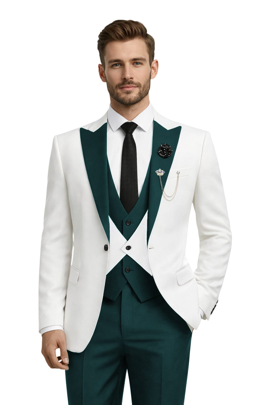 Tiavllya Tiavllya Fashion Men's Suits Slim Fit 3 Pieces Peak Lapel Tuxedos (White Blazer+Vest+ Pant)