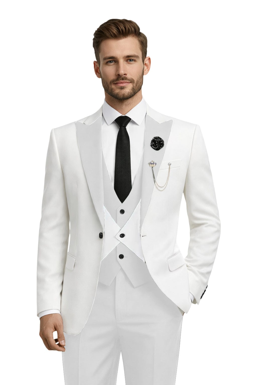 Tiavllya Tiavllya Fashion Men's Suits Slim Fit 3 Pieces Peak Lapel Tuxedos (White Blazer+Vest+ Pant)