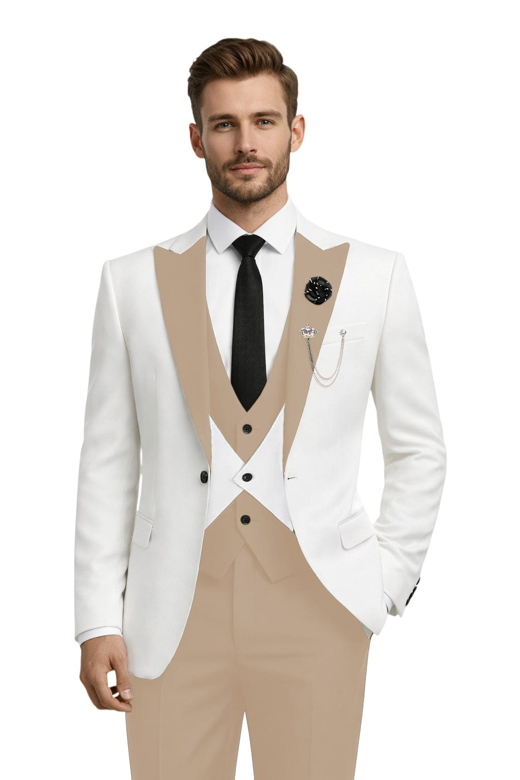 Tiavllya Tiavllya Fashion Men's Suits Slim Fit 3 Pieces Peak Lapel Tuxedos (White Blazer+Vest+ Pant)
