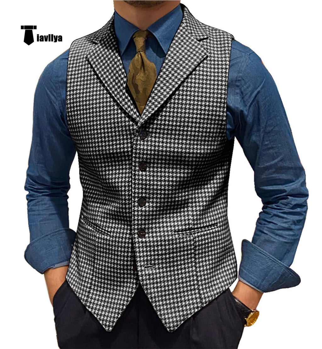 Tiavllya Tiavllya Fashion Men's vest Houndstooth Notch Lapel Waistcoat