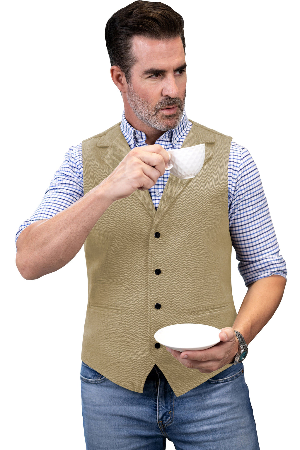 Tiavllya Tiavllya Fashion Men's vest Tweed Herringbone Notch Lapel Waistcoat