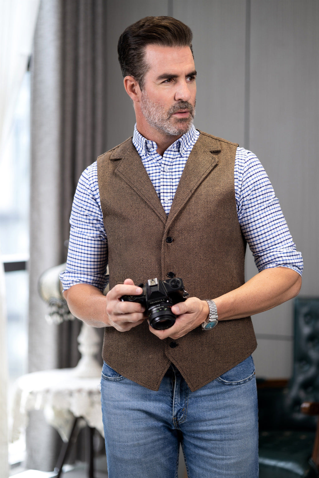 Tiavllya Tiavllya Fashion Men's vest Tweed Herringbone Notch Lapel Waistcoat