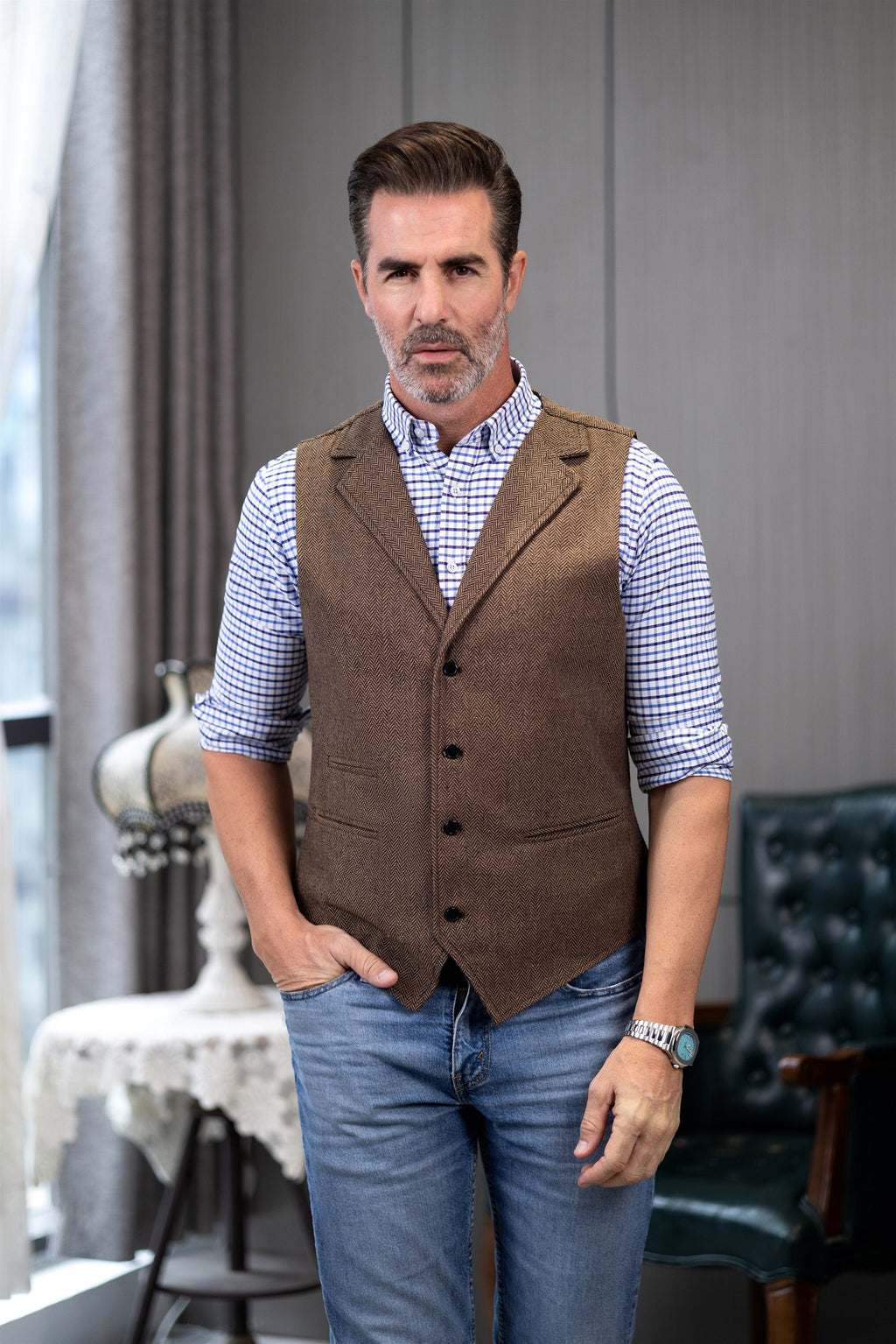 Tiavllya Tiavllya Fashion Men's vest Tweed Herringbone Notch Lapel Waistcoat