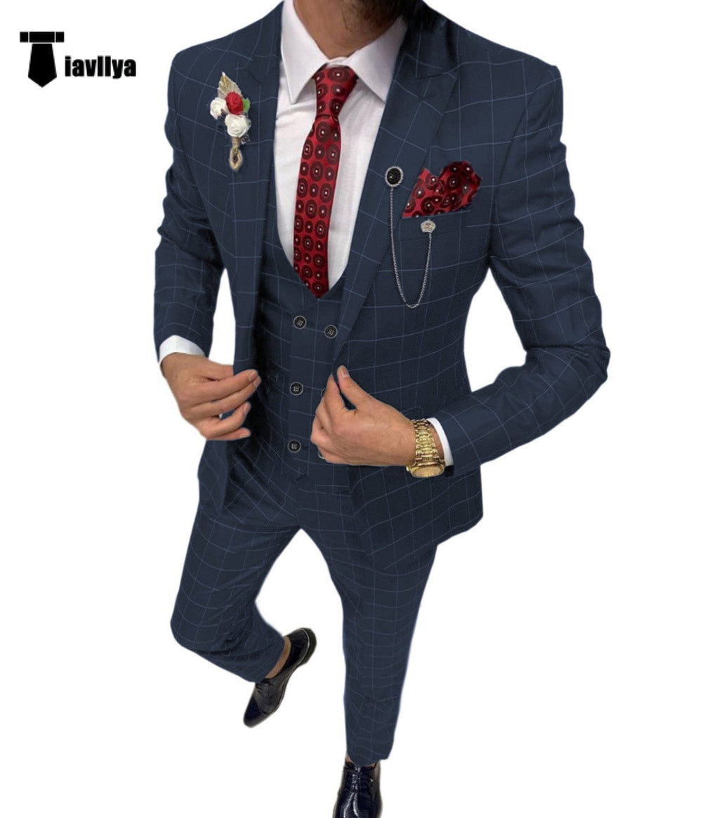 Tiavllya Tiavllya Fashion Mens Suit 3 Pieces Plaid Peak Lapel Tuxedos (Blazer+Vest+Pants)