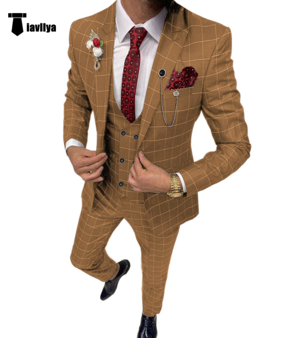 Tiavllya Tiavllya Fashion Mens Suit 3 Pieces Plaid Peak Lapel Tuxedos (Blazer+Vest+Pants)