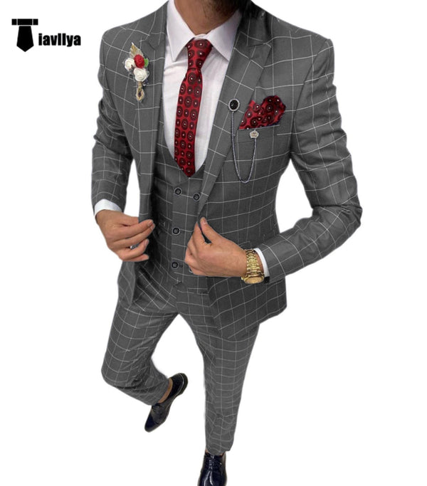 Tiavllya Tiavllya Fashion Mens Suit 3 Pieces Plaid Peak Lapel Tuxedos (Blazer+Vest+Pants)