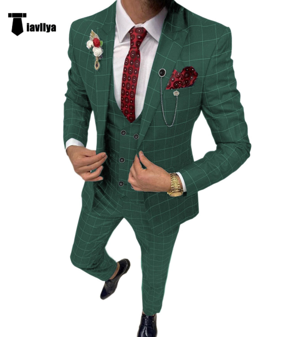 Tiavllya Tiavllya Fashion Mens Suit 3 Pieces Plaid Peak Lapel Tuxedos (Blazer+Vest+Pants)